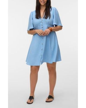 Vero Moda Short Sleeve Button Front Chambray Dress - Blue
