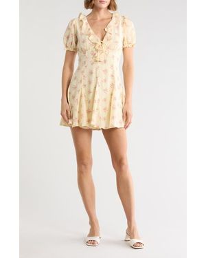 Lush Ruffled Puff Sleeve Fit And Flare Minidress - Natural