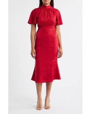 Julia Jordan Floral Jacquard Satin Flutter Sleeve Midi Dress - Red