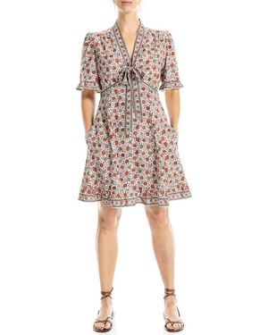 Max Studio Bow Neck Short Sleeve Fit & Flare Dress - Multicolor