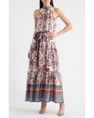 Julia Jordan Sleeveless Tiered Mock Neck Waist Tie Dress - White
