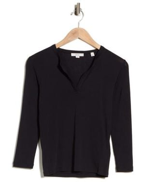 Vince Split Neck Three-Quarter Sleeve Henley - Blue