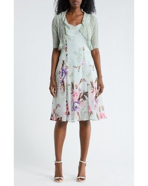 Connected Apparel Floral Chiffon Dress & Lace Shrug Set - Multicolor