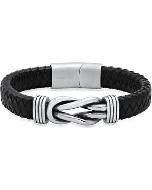 HMY Jewelry Stainless Steel Knot Charm Leather Braided Bracelet - Black