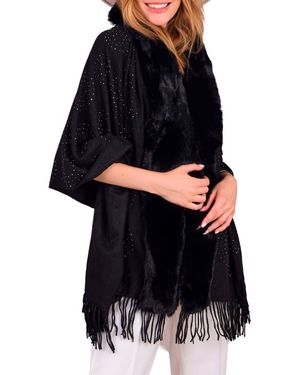 Saachi Rhinestone Ruana With Faux Fur Trim - Black
