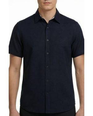 Report Collection Short Sleeve Linen & Cotton Blend Button-Up Shirt - Blue