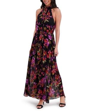 London Times Floral Halter Wide Leg Jumpsuit - Purple