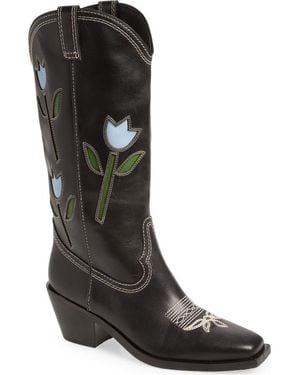 Loeffler Randall Floral Cutout Western Leather Boots - Black