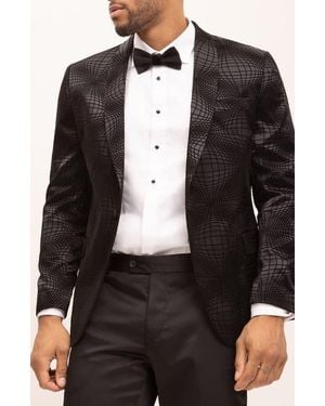 Ron Tomson Geometric Flocked Shawl Collar Formal Jacket - Black