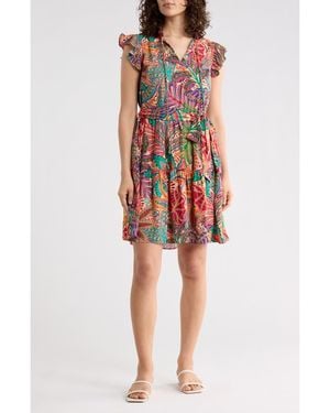 Julia Jordan Flutter Sleeve Floral Print Midi Dress - Red