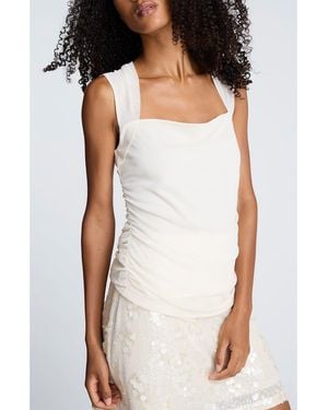 Kenneth Cole Ruched Square Neck Mesh Top - White