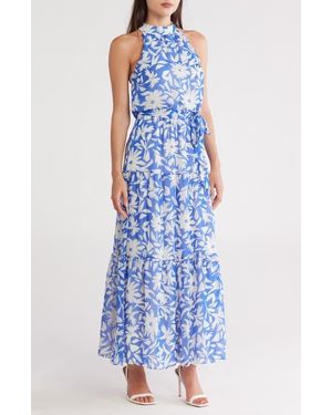 Donna Ricco Floral Sleeveless Tiered Chiffon Maxi Dress - Blue