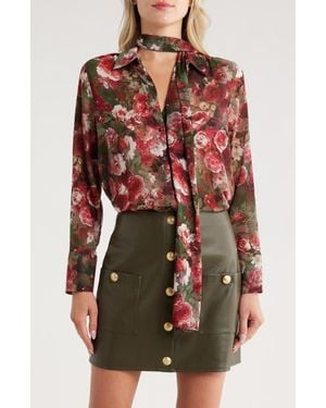 L'Agence Basil Floral Long Sleeve Shirt With Scarf - Red