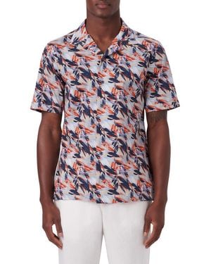 Bugatchi Leaf Print Short Sleeve Stretch Cotton Button-Up Shirt - Red