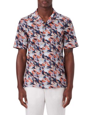 Bugatchi Leaf Print Short Sleeve Stretch Cotton Button-Up Shirt - Red
