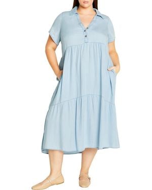 City Chic Shyla Tiered Chambray Midi Shirtdress - Blue