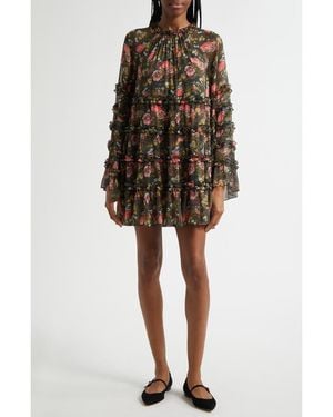 Cinq À Sept Sunniva Impressionist Floral Long Sleeve Tiered Shift Dress - Brown