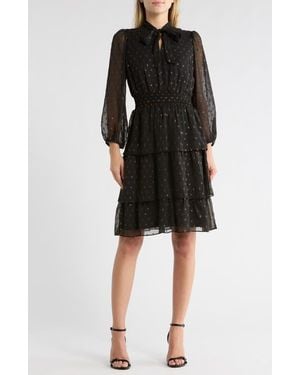 Sandra Darren Tie Neck Long Sleeve Smocked Midi Dress - Black