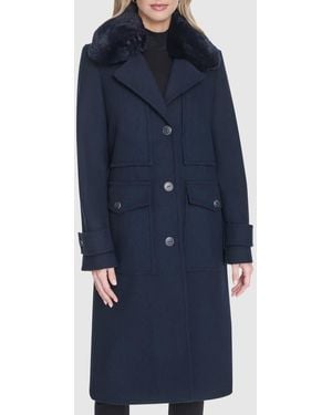 Andrew Marc Faux Fur Collar Wool Blend Coat - Blue