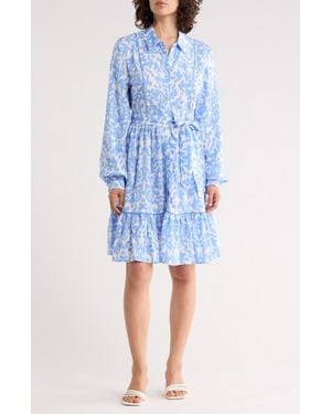 Ellen Tracy Long Sleeve Tie Waist Shirtdress - Blue