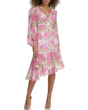 Siena Jewelry Floral Long Sleeve Asymmetric Dress - Pink
