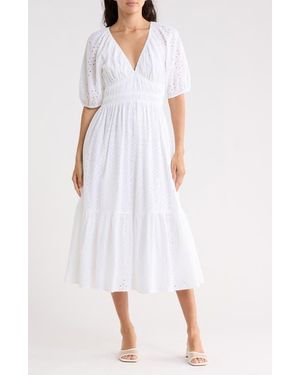 NSR Eyelet Shirred Midi Dress - White