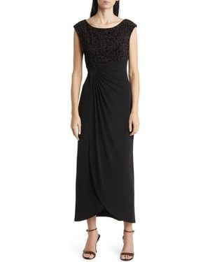 Connected Apparel Beaded Bodice Cap Sleeve Faux Wrap Cocktail Dress - Black