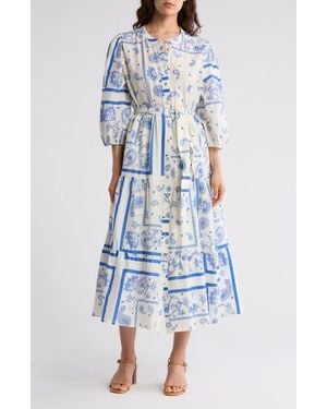 Ellen Tracy Bandana Print Belted Tiered Cotton Shirtdress - Blue