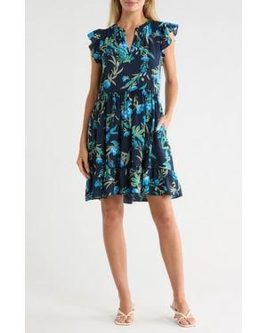 Caslon Print Ruffle Shoulder Minidress - Blue