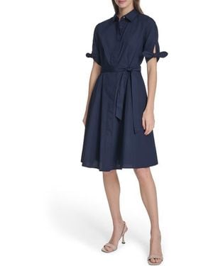 Calvin Klein Solid Cotton Shoulder Tie Shirtdress - Blue