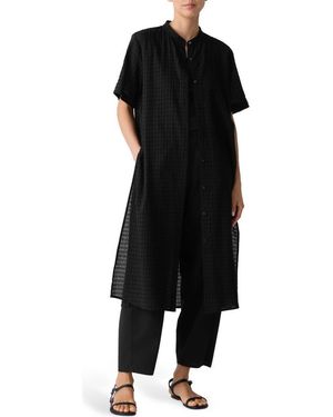 Eileen Fisher Longline Organic Cotton Blend Button-Up Shirt - Black