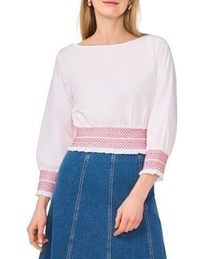 1.STATE Boat Neck Long Sleeve Smocked Top - White