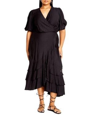 City Chic Bea Wrap Front Tiered Dress - Black