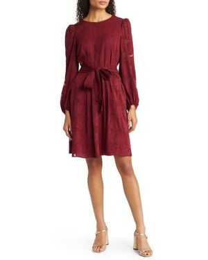 Eliza J Floral Burnout Long Sleeve Fit & Flare Dress - Red