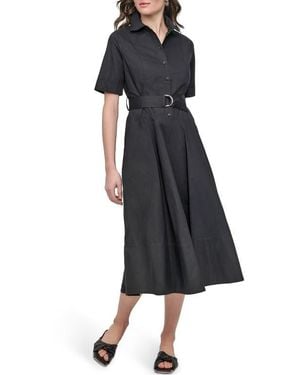 DKNY Short Sleeve Drop Waist Cotton Shirtdress - Black