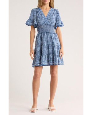 Max Studio Short Sleeve Tiered Crepe Dress - Blue