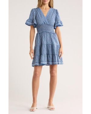Max Studio Short Sleeve Tiered Crepe Dress - Blue