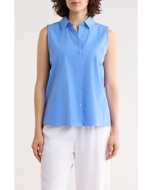 Eileen Fisher Sleeveless Organic Cotton Button-Up Shirt - Blue