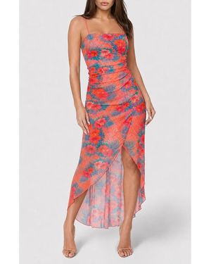 Bebe Floral Mesh High-Low Maxi Dress - Red