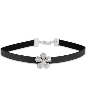 Saachi Pavé Crystal Flower Leather Choker Necklace - Black
