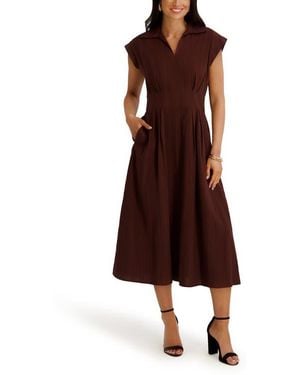 Kensie Collar Cotton Midi Dress - Brown