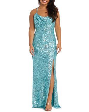 Morgan & Co. Cowl Neck Sequin Crossback Body-Con Gown - Blue