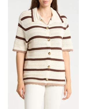 1.STATE Mesh Stripe Button-Up Sweater Top - Metallic