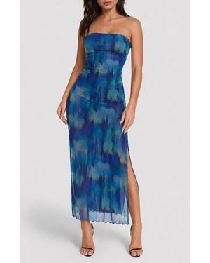 Bebe Printed Mesh Strapless Maxi Dress - Blue