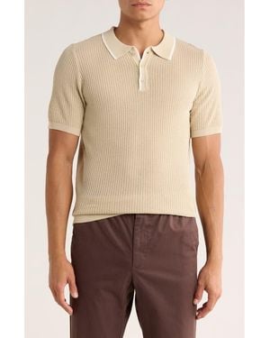 T.R. Premium Tipped Open Knit Short Sleeve Polo Sweater - Natural