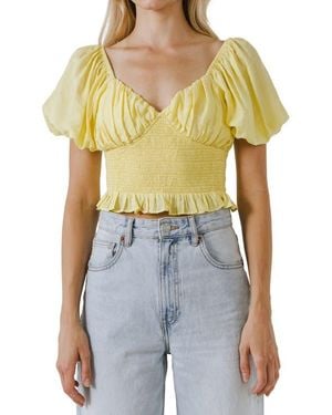 Endless Rose Sweetheart Smocked Puff Sleeve Top - Blue