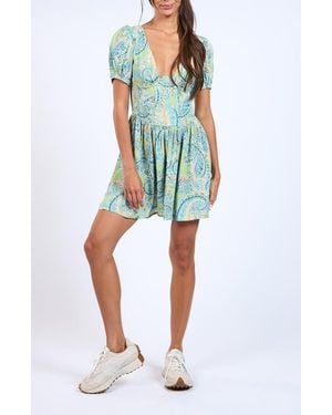 Sky To Moon Short Sleeve Plunge Neck Minidress - Blue