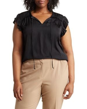 DR2 by Daniel Rainn Satin Ruffle Split Neck Top - Black