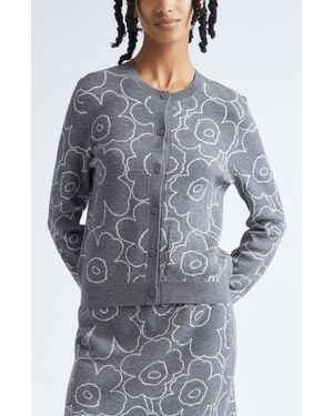 Marimekko Villi Piirto Unikko Jacquard Merino Wool & Organic Cotton Blend Cardigan - Gray
