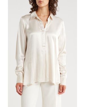 Tahari Long Sleeve Satin Button-Up Shirt - Natural